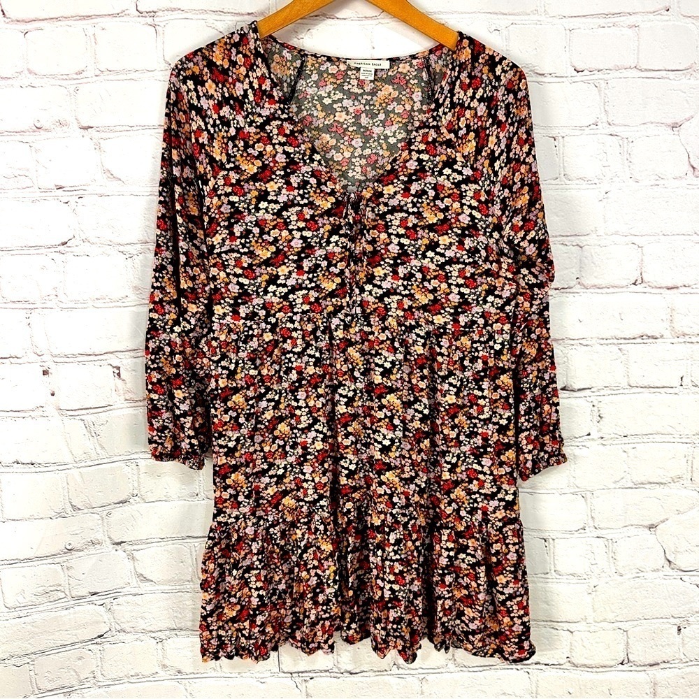 American Eagle ditsy Floral mini dress ruffles size medium black pink yellow